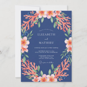 Navy Coral Blossom Arch Wedding Invitation