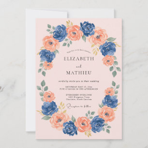 Navy Coral Blossom Romantic Wedding Invitation
