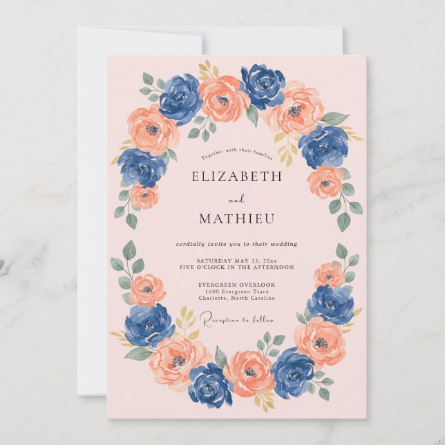 Navy Coral Blossom Romantic Wedding Invitation (Front)