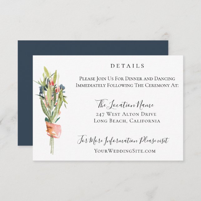 Navy Coral Botanical Wedding Details Invitation (Front/Back)