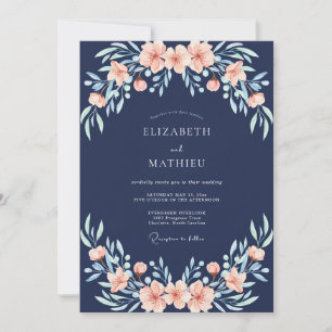 Navy Coral Botanical Wedding Invitation
