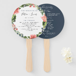 Navy Coral Botanical Wedding Program Hand Fans