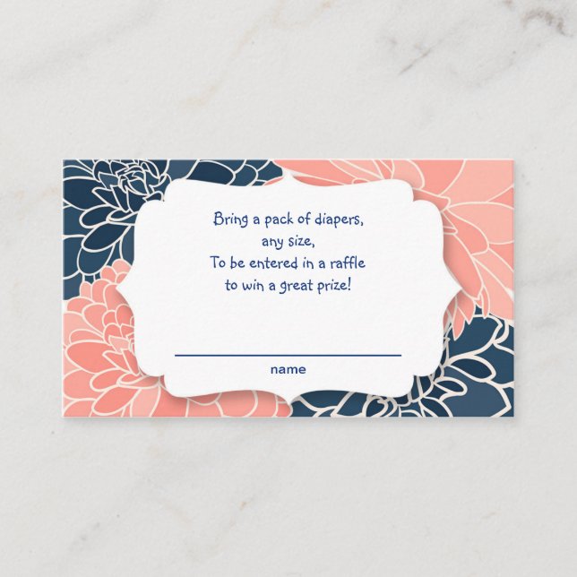 Navy Coral Dahlias diaper raffle tickets - 2 sides Enclosure Card (Front)