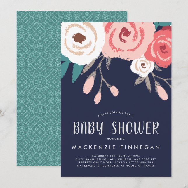Navy & Coral Floral Baby Shower Invite (Front/Back)