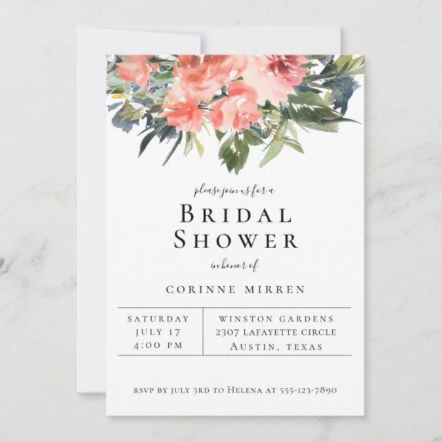 Navy Coral Floral Bridal Shower Invitation (Front)