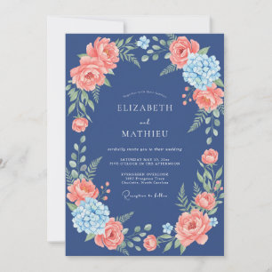 Navy Coral Floral Flourish Wedding Invitation