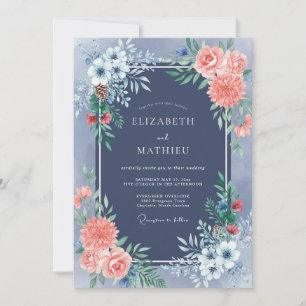 Navy Coral Floral Laurel Wedding Invitation