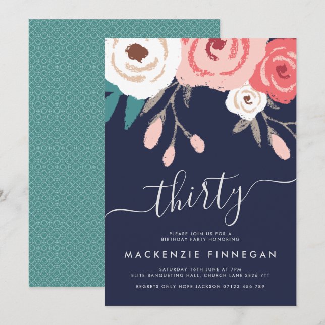 Navy & Coral Floral Thirtieth Birthday Party Invitation (Front/Back)