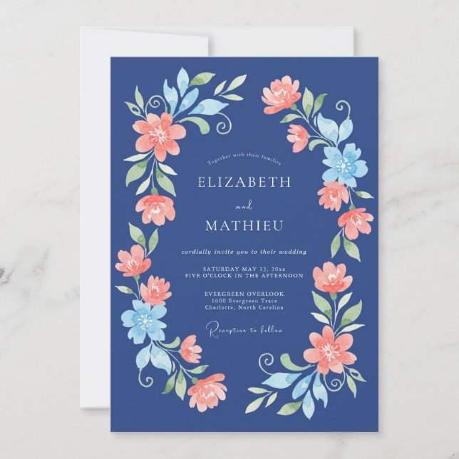 Navy Coral Floral Wedding Invitation (Front)