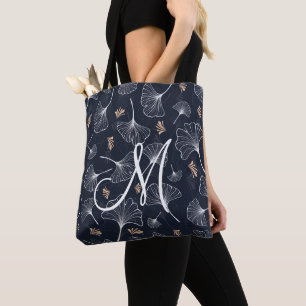 Navy Coral Ginkgo Monogram Tote Bag