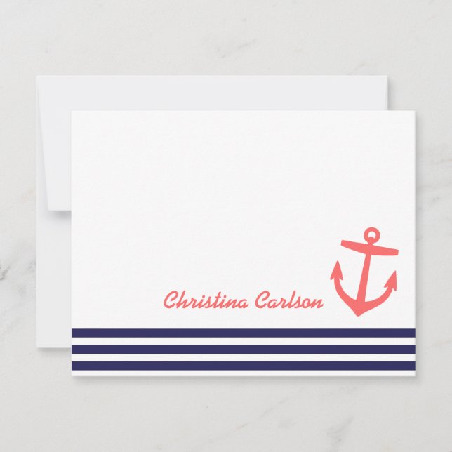 Navy & Coral Nautical Stripes & Anchor Stationery Card (Front)