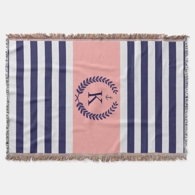 Navy Coral Nautical Stripes Personalized Monogram Throw Blanket (Front)