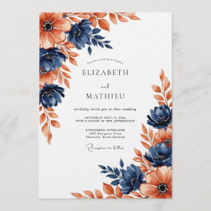 Navy Coral Painterly Blossom Wedding Invitation