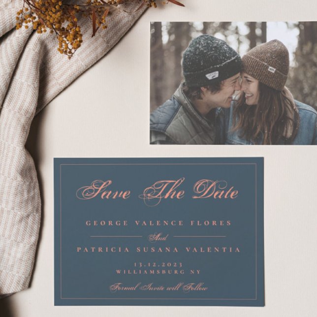 Navy Coral Peach Modern Elegant Photo Save The Date (Creator Uploaded)