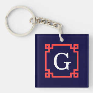 Navy, Coral Red Greek Key Frame #2 Init Monogram Keychain