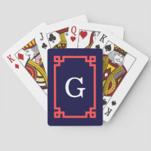 Navy, Coral Red Greek Key Frame #2 Init Monogram