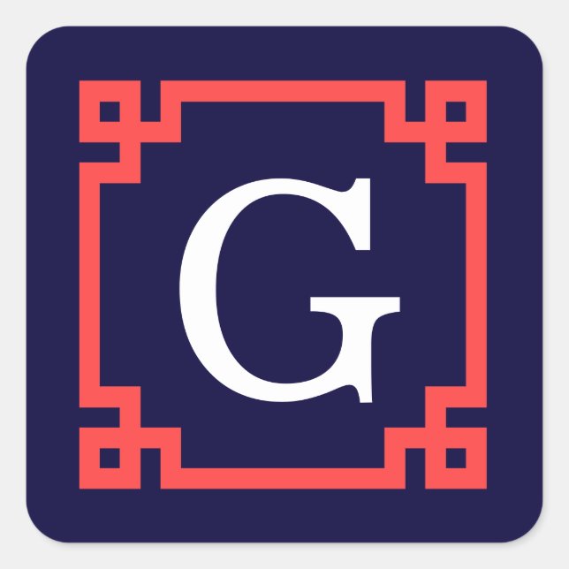 Navy, Coral Red Greek Key Frame #2 Init Monogram Square Sticker (Front)