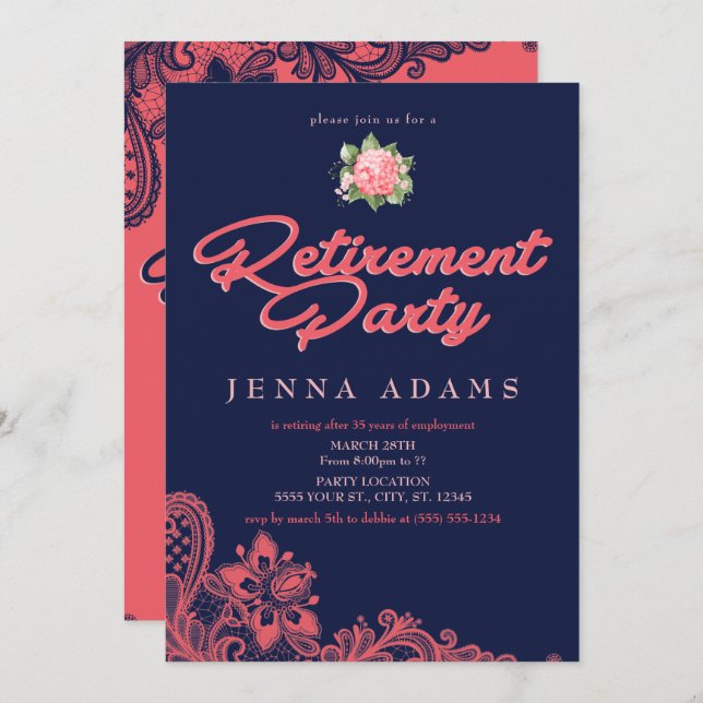 Navy & Coral, Retirement Party Invitations (Front/Back)