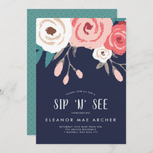 Navy & Coral Sip and See Floral Invitation