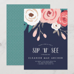 Navy & Coral Sip et voir Floral Invitation
