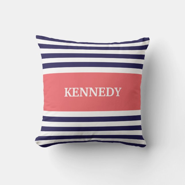 Navy Coral Stripes Monogram Throw Pillow (Front)