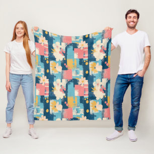 Navy Coral Turquoise Colour Block Floral Fleece Blanket