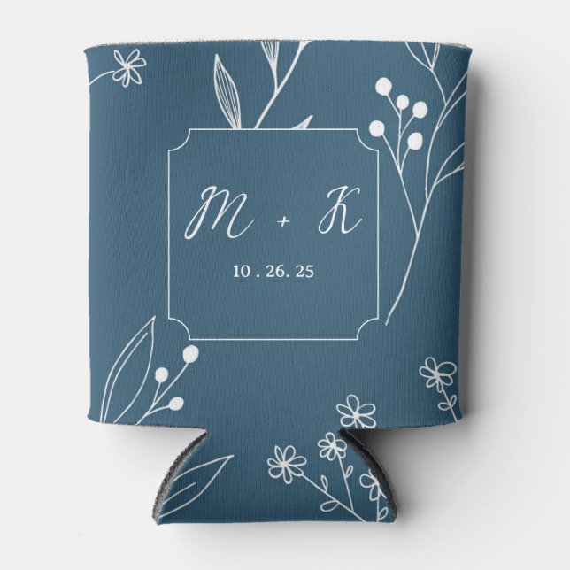 Navy Corner Floral Boho Wedding Can Cooler (Front)