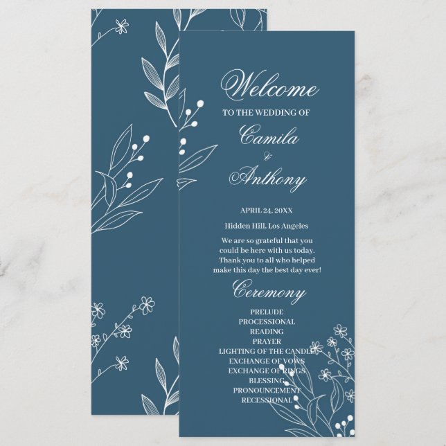 Navy Corner Floral Boho Wedding Program (Front/Back)