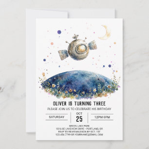 Navy Cosmic Spaceship Birthday Invitation