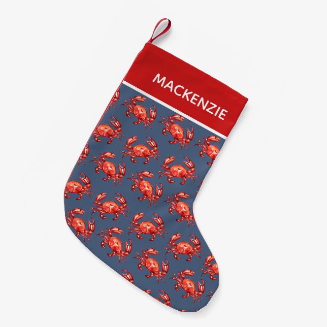 Navy Crab Pattern Personalized Small Christmas Stocking (Front (Hanging))