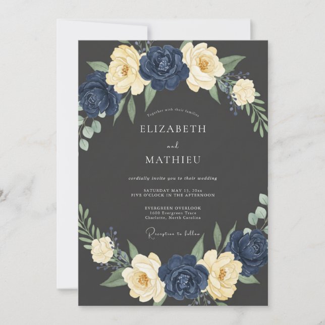 Navy Cream Bloom Wedding Invitation (Front)