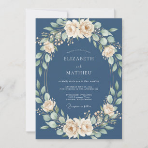 Navy Cream Blossom Garland Wedding Invitation