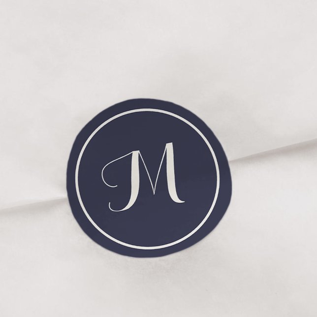Navy & Cream Calligraphy Initial Monogram Classic Round Sticker (Creator Uploaded)