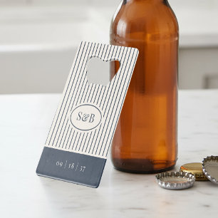 Navy & Cream Classic Pinstripe Wedding Monogram Credit Card Bottle Opener