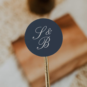 Navy & Cream Classic Script Monogram Wedding Round Sticker