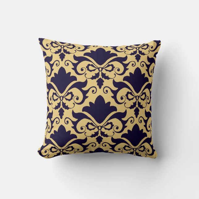 Navy Cream Damask Bows Reversible Throw Pillow (Front)