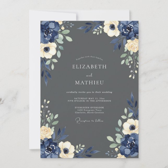 Navy Cream Floral Wedding Invitation (Front)