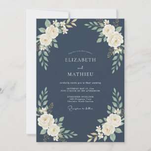 Navy Cream Foliage Eucalyptus Wedding Invitation