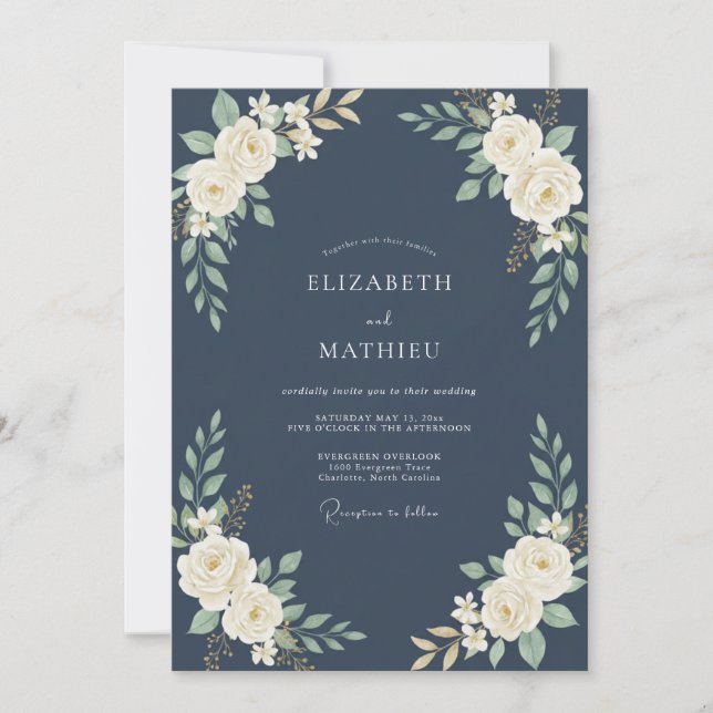 Navy Cream Foliage Eucalyptus Wedding Invitation (Front)