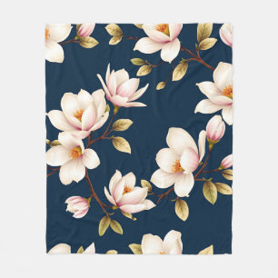 Navy Cream Magnolia Blossom Pattern Fleece Blanket