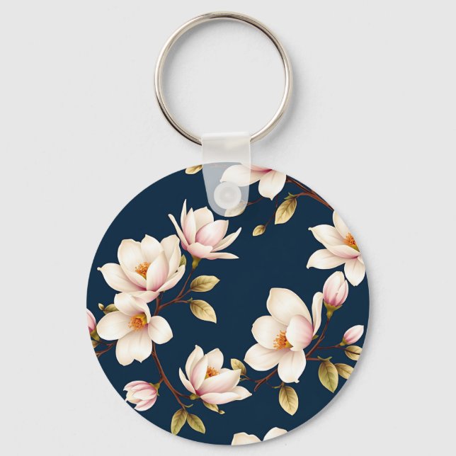 Navy Cream Magnolia Blossom Pattern Keychain (Front)