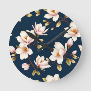 Navy Cream Magnolia Blossom Pattern Round Clock
