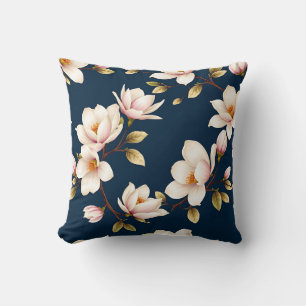 Navy Cream Magnolia Blossom Pattern Throw Pillow
