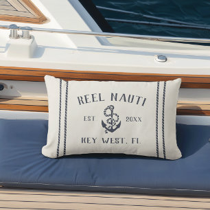 Navy & Cream Personalized Boat Name Anchor Lumbar Pillow