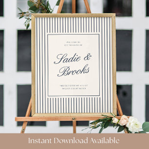 Navy & Cream Pinstripe Wedding Welcome Sign
