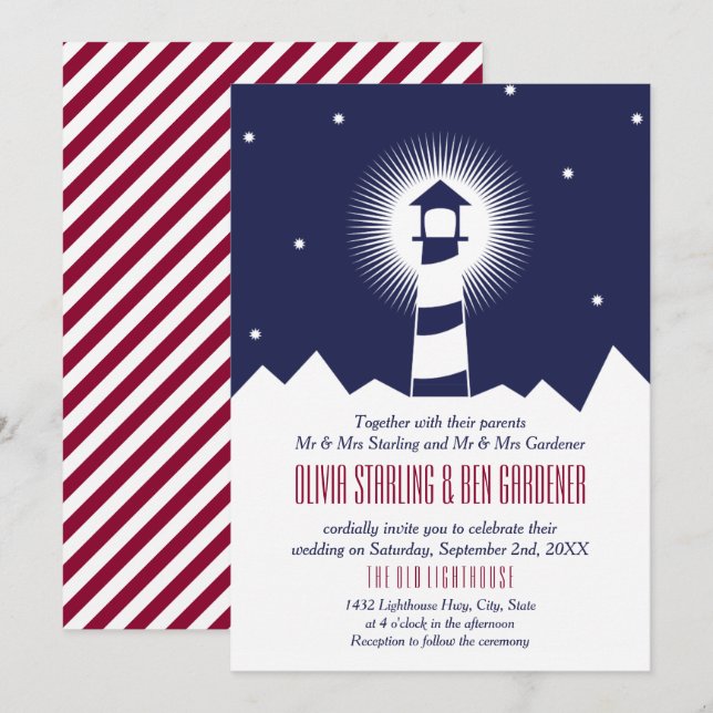 Navy & Crimson | Lighthouse Wedding Invitation (Front/Back)