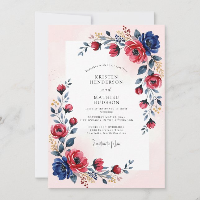 Navy Crimson Romantic Summer Wedding Invitation (Front)