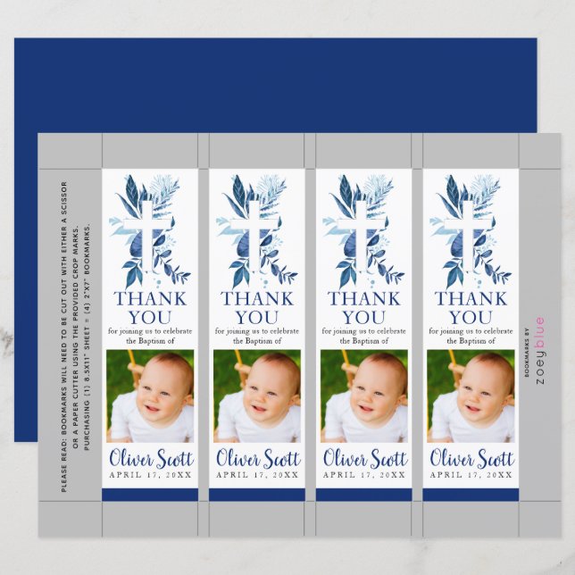 Navy Cross Foliage Baptism Photo Bookmark (Front/Back)
