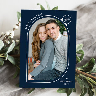 Navy Curved Frame Snowflake Photo Holiday Card