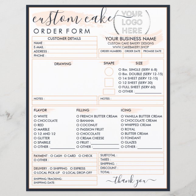 Navy Custom Best Bakery Cake Order Form (Front)